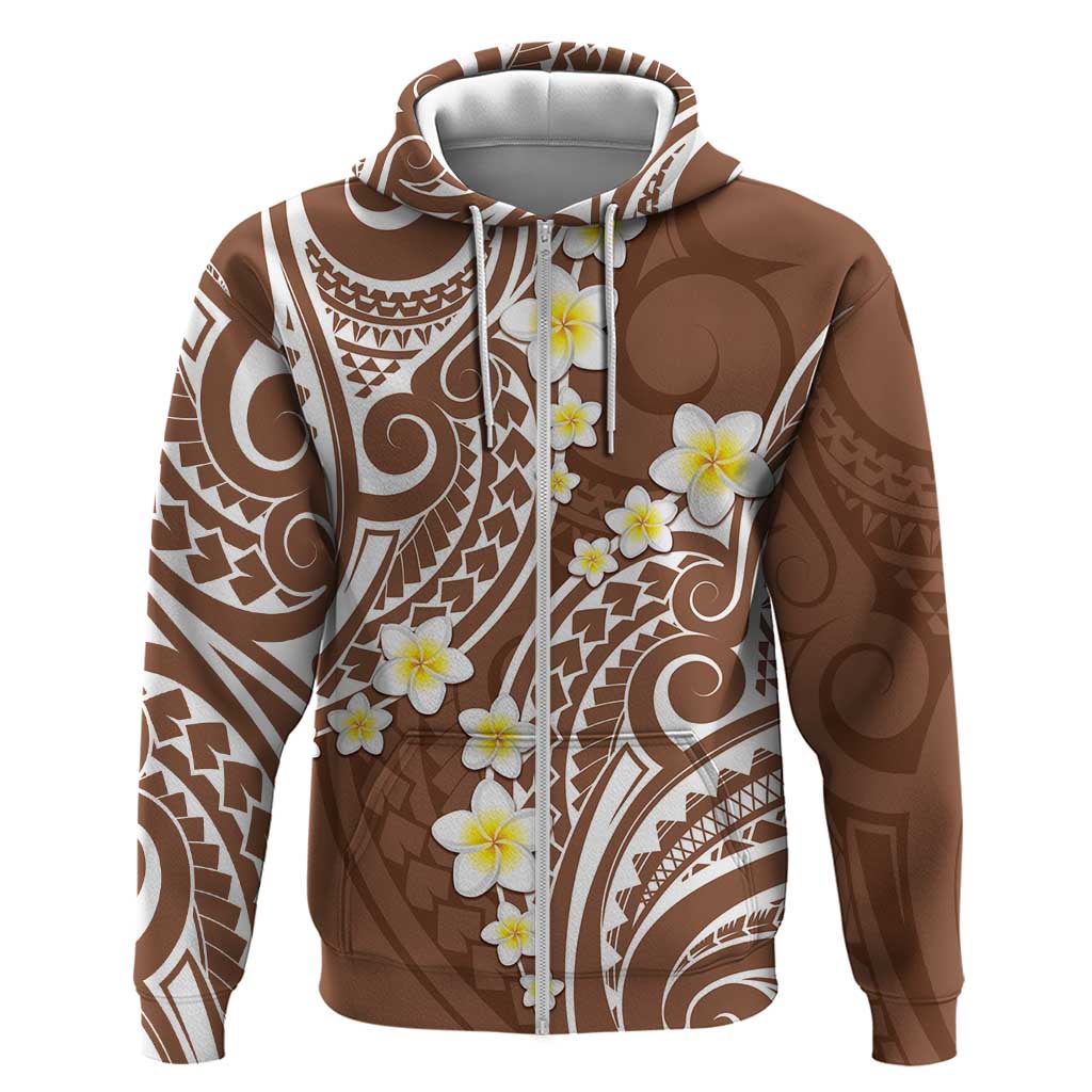 Plumeria With Brown Polynesian Tattoo Pattern Zip Hoodie LT05 Zip Hoodie Brown - Polynesian Pride