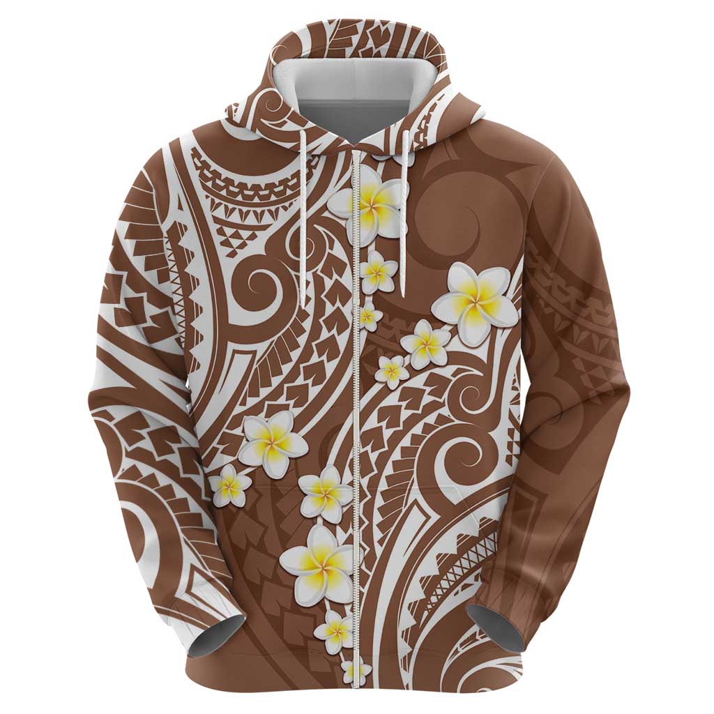 Plumeria With Brown Polynesian Tattoo Pattern Zip Hoodie LT05 - Polynesian Pride