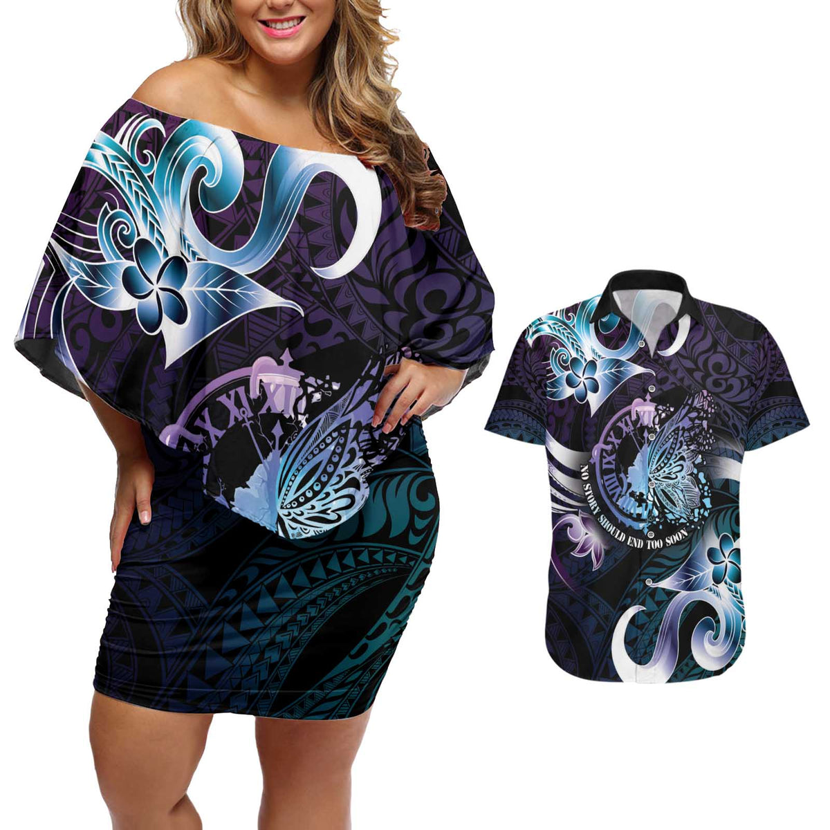 Personalised Polynesia Suicide Prevention Awareness Couples Matching Off Shoulder Short Dress and Hawaiian Shirt No Story Should End Too Soon