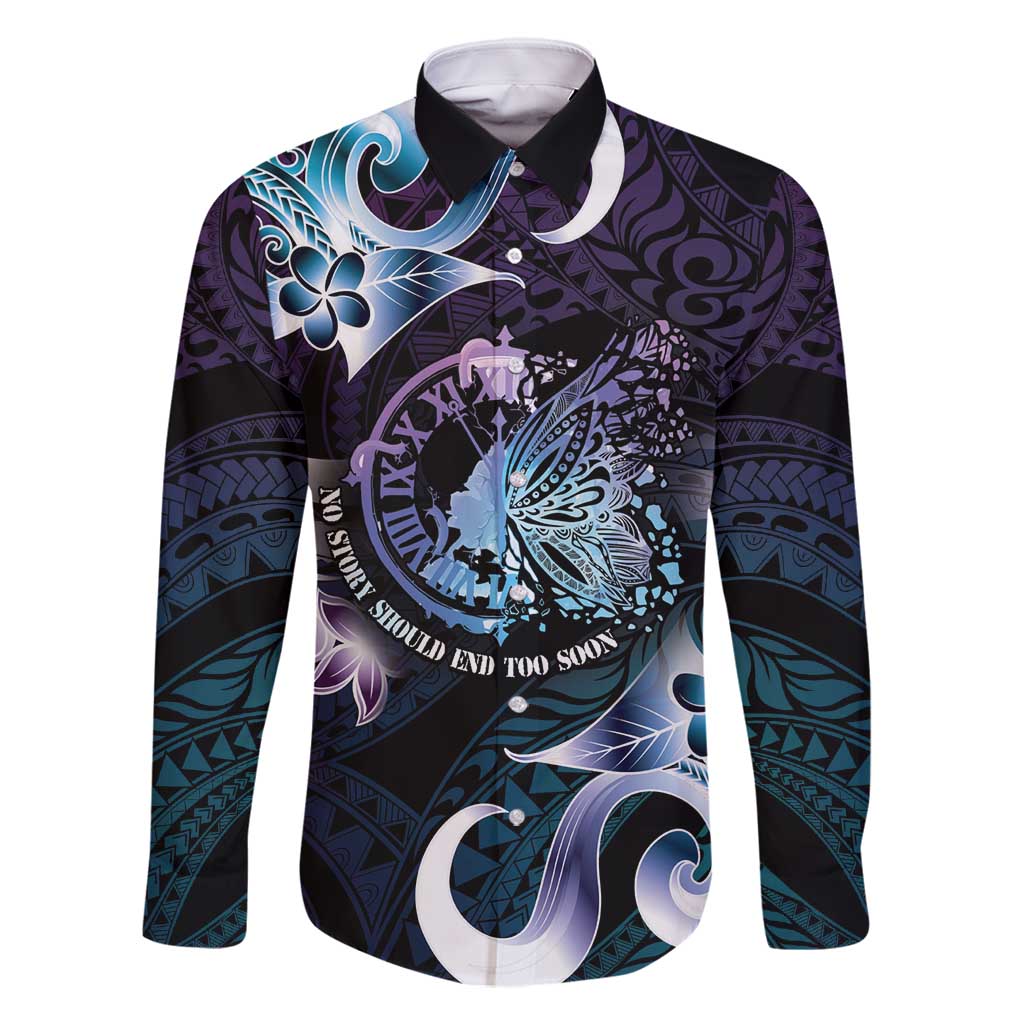 Personalised Polynesia Suicide Prevention Awareness Family Matching Mermaid Dress and Hawaiian Shirt No Story Should End Too Soon LT05 Dad's Shirt - Long Sleeve Purple - Polynesian Pride