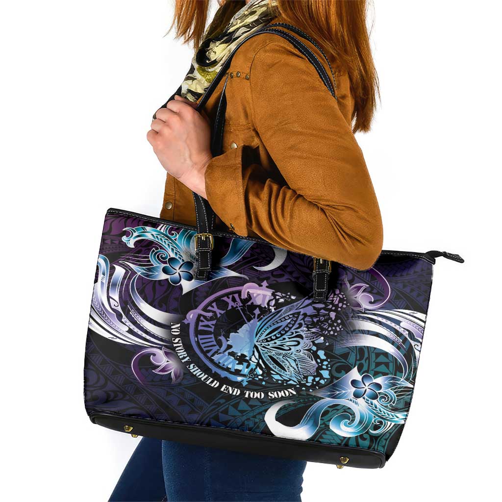 Polynesia Suicide Prevention Awareness Leather Tote Bag No Story Should End Too Soon LT05 Purple - Polynesian Pride