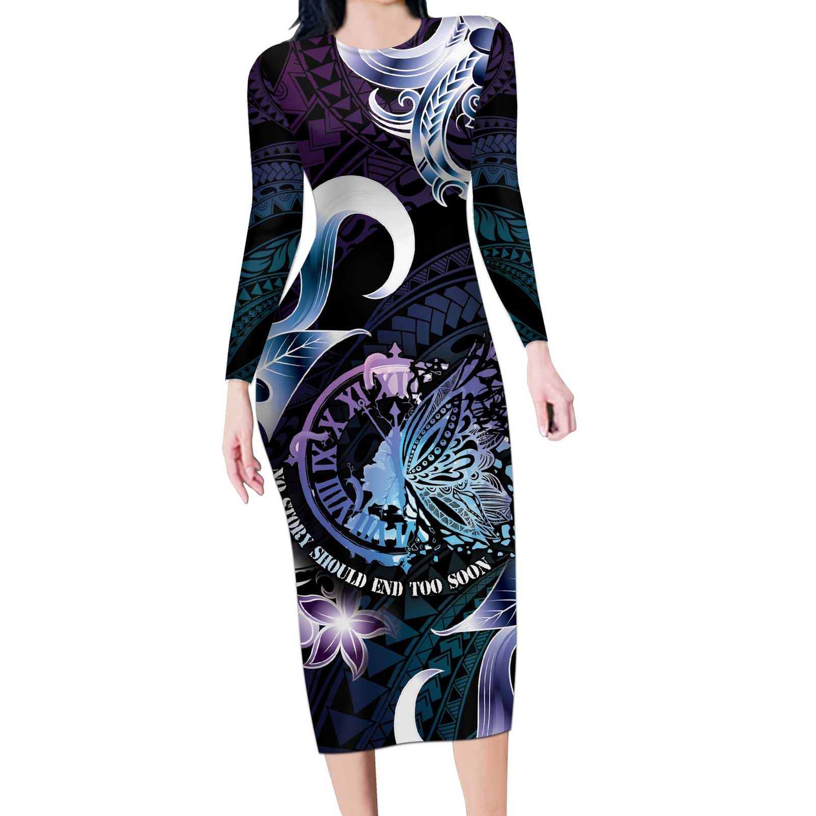 Personalised Polynesia Suicide Prevention Awareness Long Sleeve Bodycon Dress No Story Should End Too Soon LT05 Long Dress Purple - Polynesian Pride