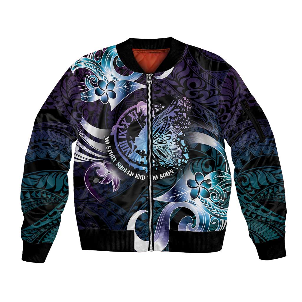 Personalised Polynesia Suicide Prevention Awareness Sleeve Zip Bomber Jacket No Story Should End Too Soon LT05 Unisex Purple - Polynesian Pride
