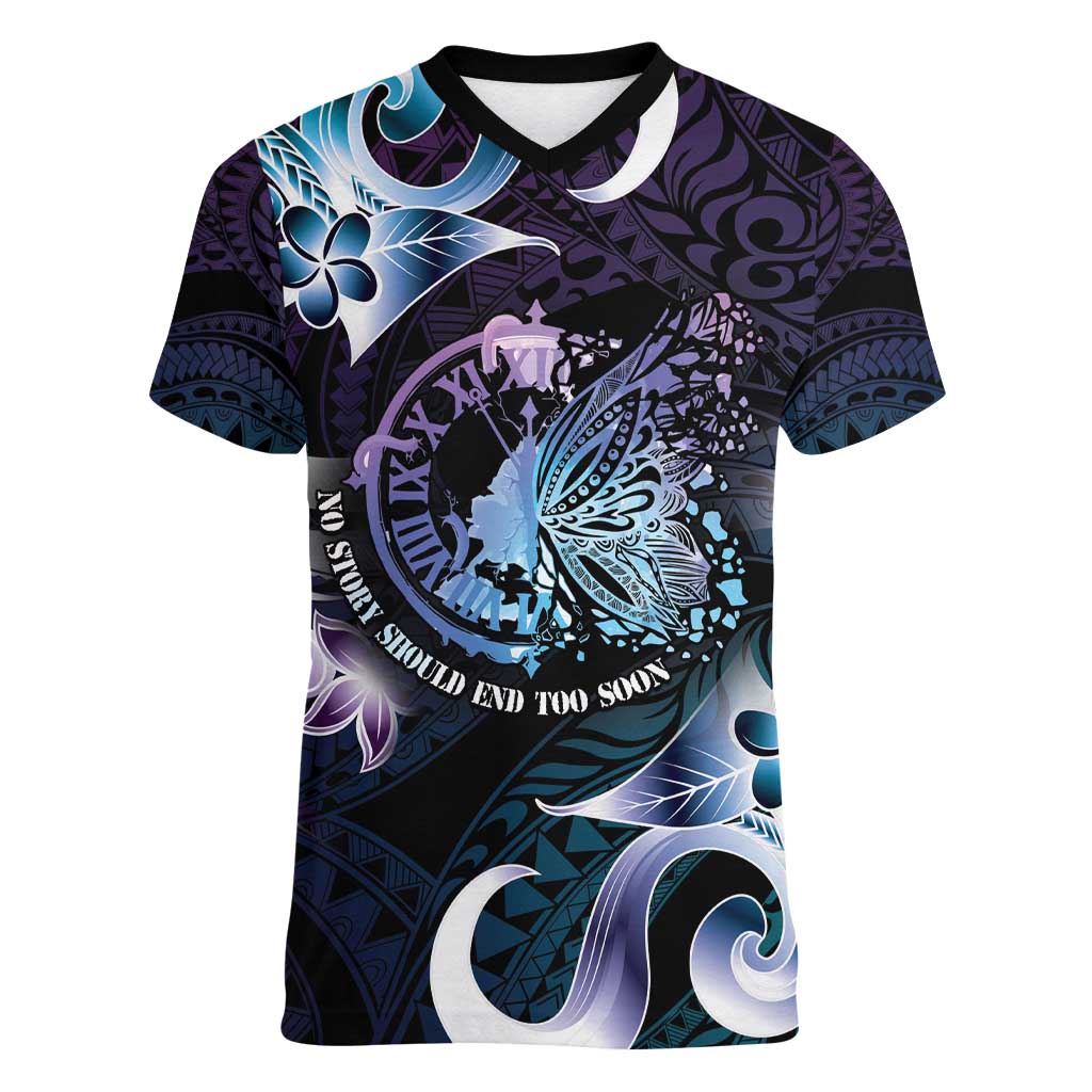 Personalised Polynesia Suicide Prevention Awareness Women V-Neck T-Shirt No Story Should End Too Soon LT05 Female Purple - Polynesian Pride