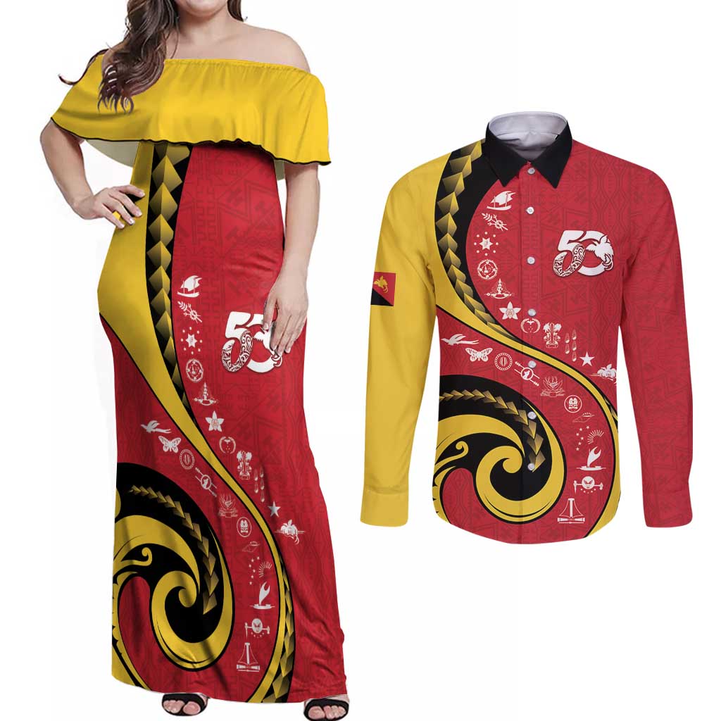 Papua New Guinea 50th Independence Anniversary Couples Matching Off Shoulder Maxi Dress and Long Sleeve Button Shirt Special Style Red Version - Polynesian Pride