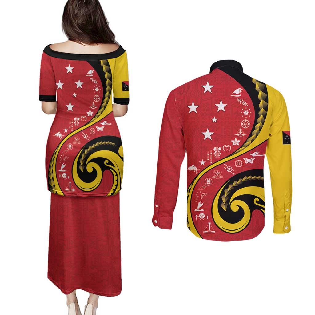 Papua New Guinea 50th Independence Anniversary Couples Matching Puletasi and Long Sleeve Button Shirt Special Style Red Version - Polynesian Pride