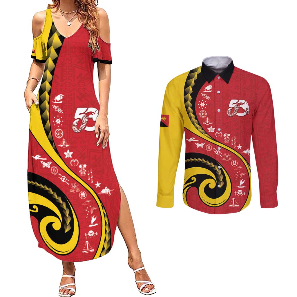 Papua New Guinea 50th Independence Anniversary Couples Matching Summer Maxi Dress and Long Sleeve Button Shirt Special Style Red Version - Polynesian Pride