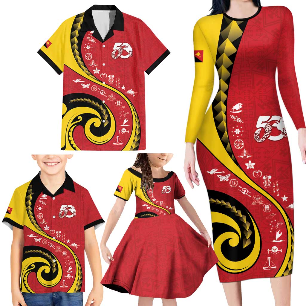 Papua New Guinea 50th Independence Anniversary Family Matching Long Sleeve Bodycon Dress and Hawaiian Shirt Special Style Red Version - Polynesian Pride