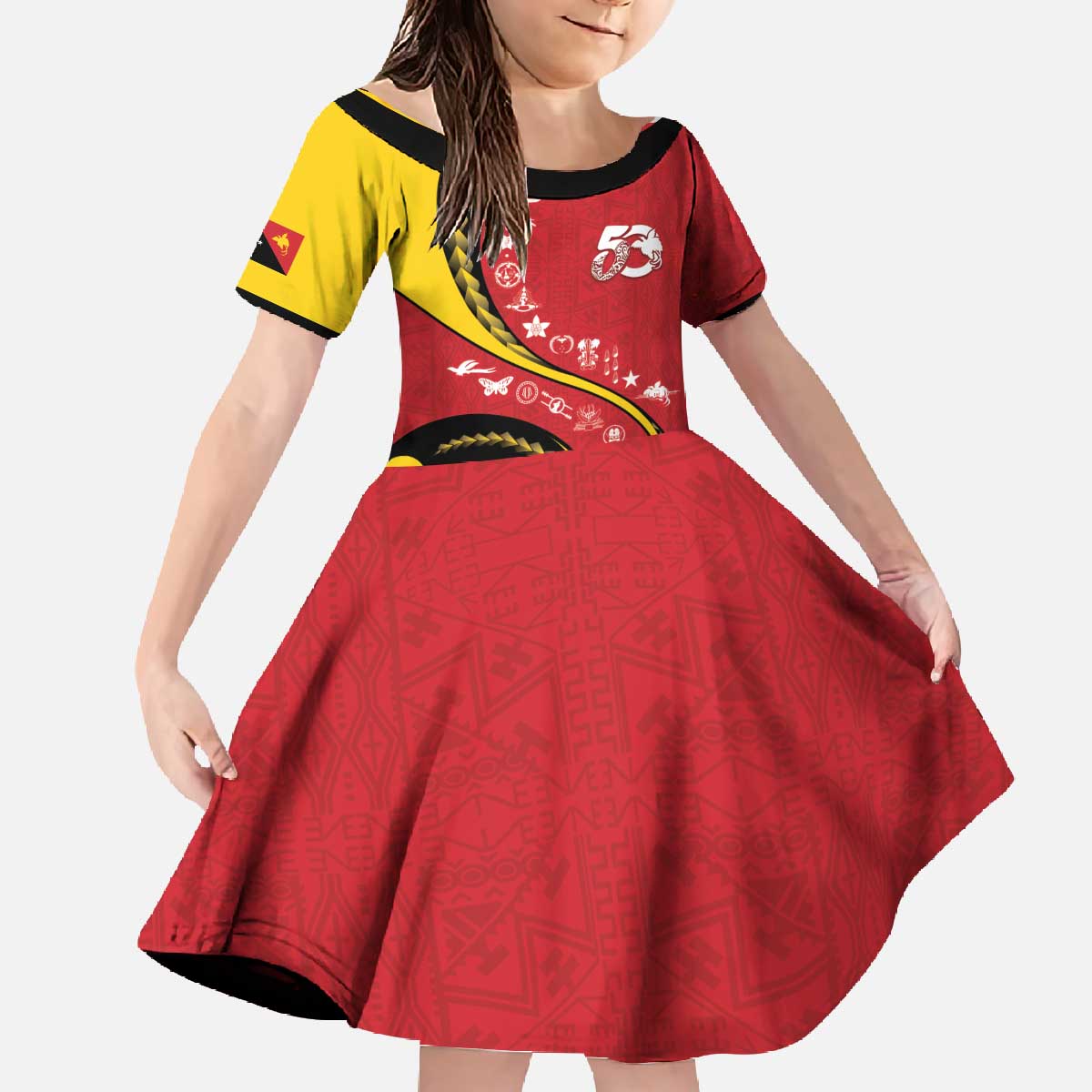 Papua New Guinea 50th Independence Anniversary Family Matching Off The Shoulder Long Sleeve Dress and Hawaiian Shirt Special Style Red Version - Polynesian Pride