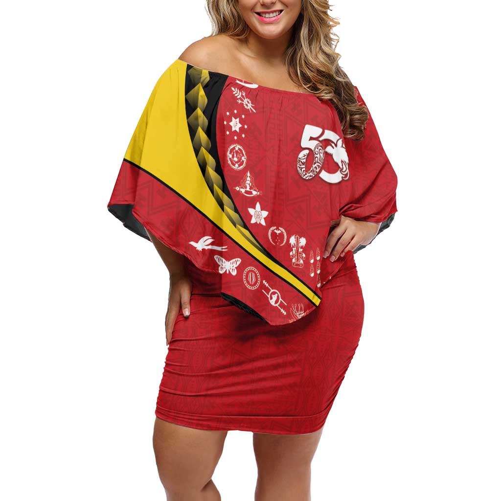Papua New Guinea 50th Independence Anniversary Family Matching Off Shoulder Short Dress and Hawaiian Shirt Special Style Red Version - Polynesian Pride