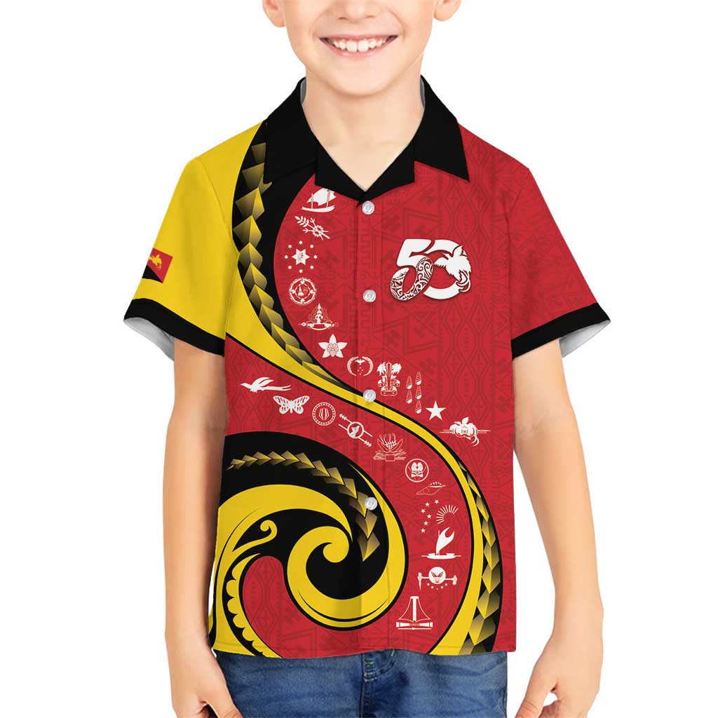 Papua New Guinea 50th Independence Anniversary Family Matching Off Shoulder Short Dress and Hawaiian Shirt Special Style Red Version - Polynesian Pride