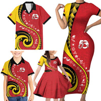 Papua New Guinea 50th Independence Anniversary Family Matching Short Sleeve Bodycon Dress and Hawaiian Shirt Special Style Red Version - Polynesian Pride