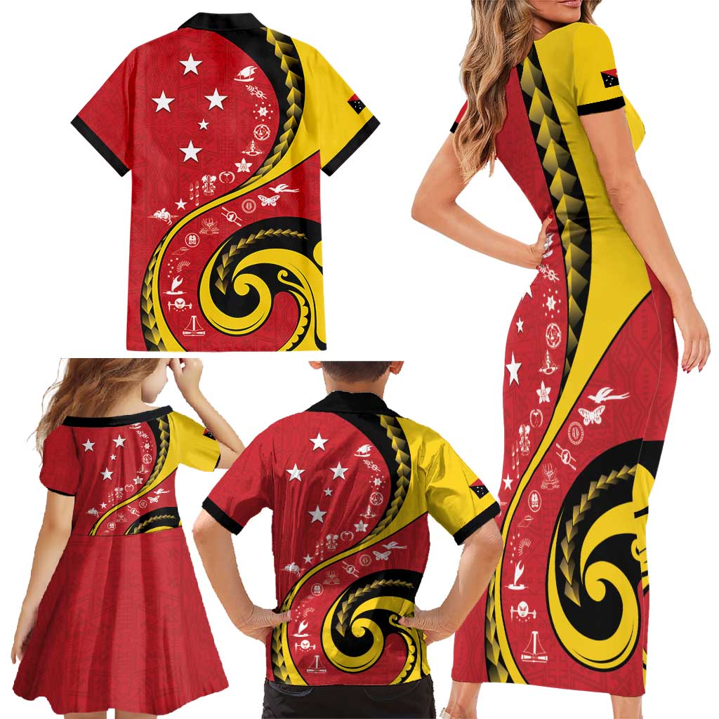 Papua New Guinea 50th Independence Anniversary Family Matching Short Sleeve Bodycon Dress and Hawaiian Shirt Special Style Red Version - Polynesian Pride
