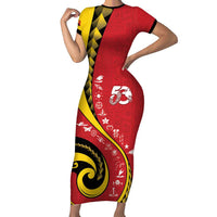 Papua New Guinea 50th Independence Anniversary Family Matching Short Sleeve Bodycon Dress and Hawaiian Shirt Special Style Red Version - Polynesian Pride