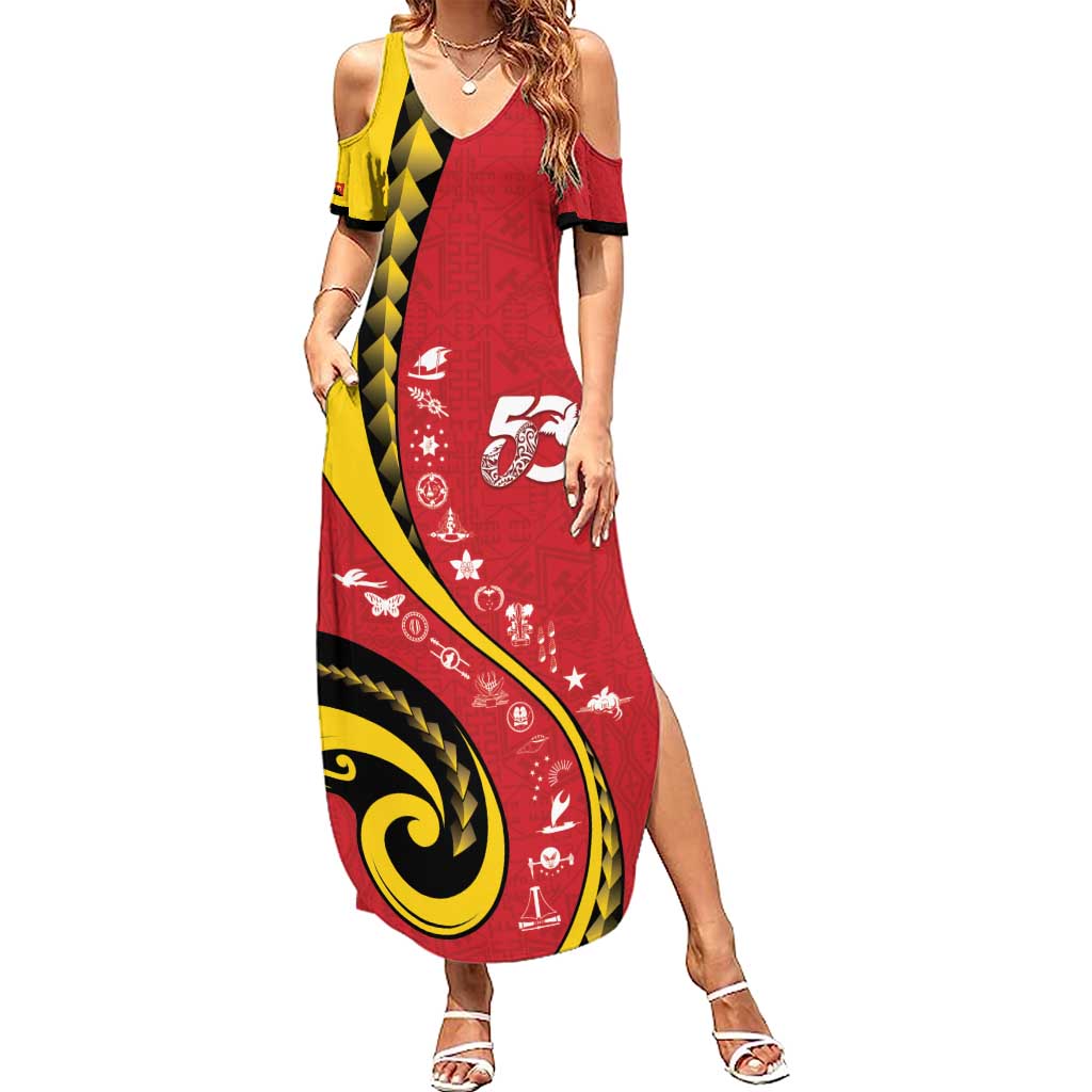 Papua New Guinea 50th Independence Anniversary Family Matching Summer Maxi Dress and Hawaiian Shirt Special Style Red Version - Polynesian Pride