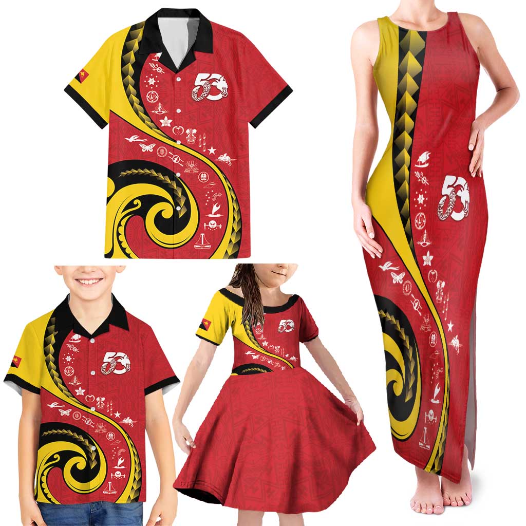 Papua New Guinea 50th Independence Anniversary Family Matching Tank Maxi Dress and Hawaiian Shirt Special Style Red Version - Polynesian Pride