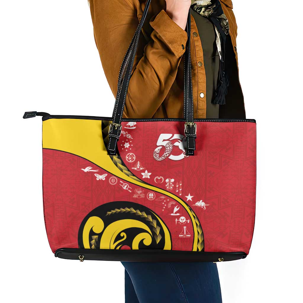 Papua New Guinea 50th Independence Anniversary Leather Tote Bag Special Style Red Version - Polynesian Pride