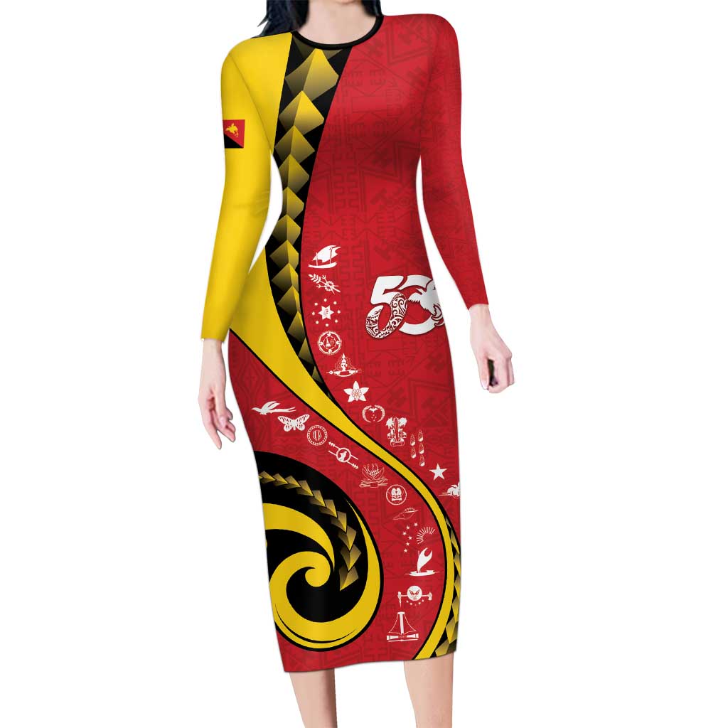 Papua New Guinea 50th Independence Anniversary Long Sleeve Bodycon Dress Special Style Red Version - Polynesian Pride