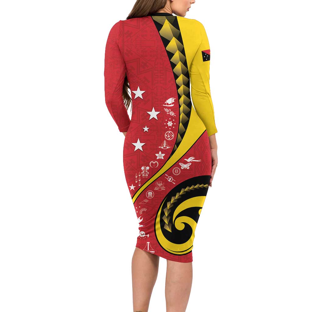 Papua New Guinea 50th Independence Anniversary Long Sleeve Bodycon Dress Special Style Red Version - Polynesian Pride