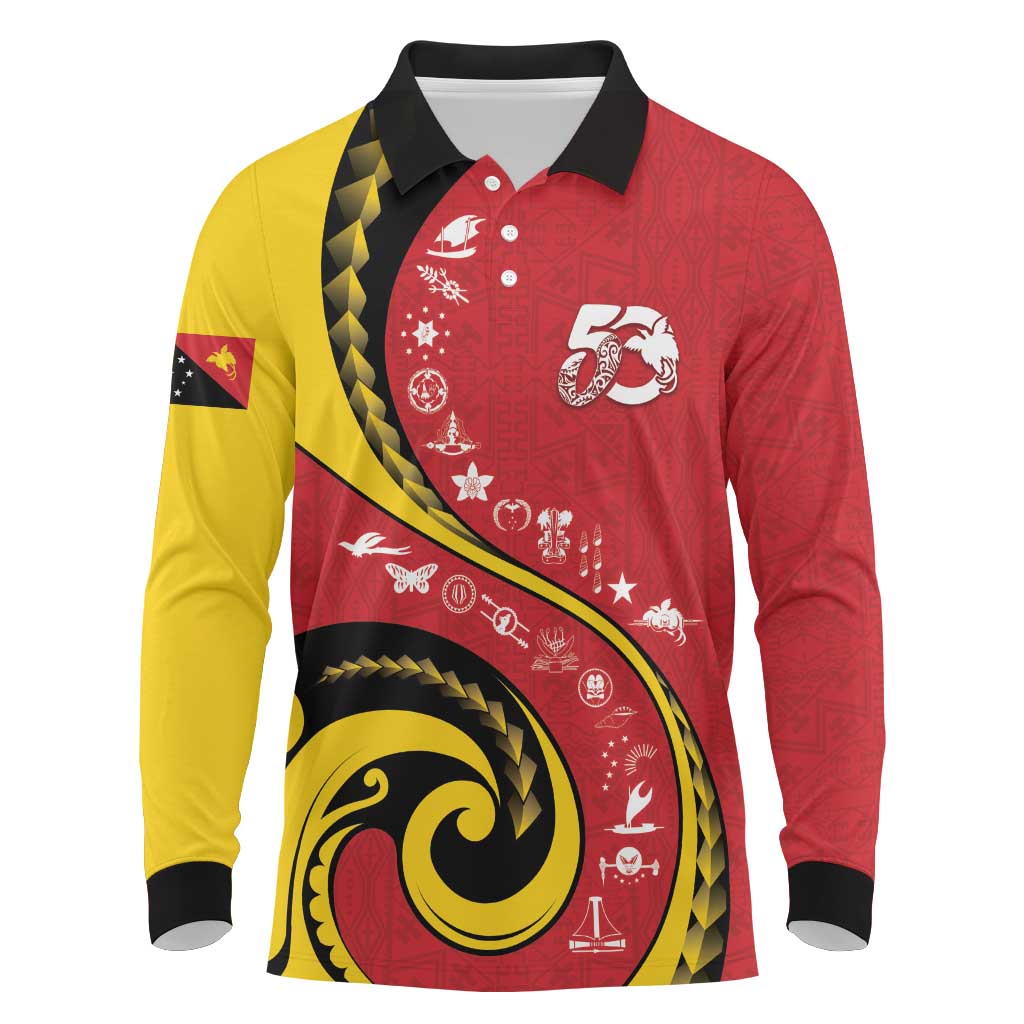 Papua New Guinea 50th Independence Anniversary Long Sleeve Polo Shirt Special Style Red Version - Polynesian Pride