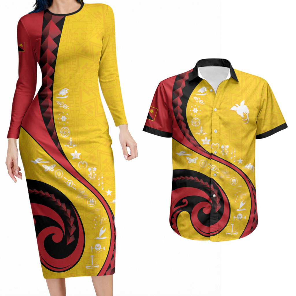 Papua New Guinea Independence Couples Matching Long Sleeve Bodycon Dress and Hawaiian Shirt Special Style Yellow Version LT05 Yellow - Polynesian Pride
