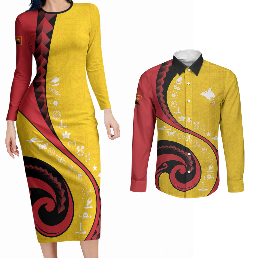Papua New Guinea Independence Couples Matching Long Sleeve Bodycon Dress and Long Sleeve Button Shirt Special Style Yellow Version LT05 Yellow - Polynesian Pride