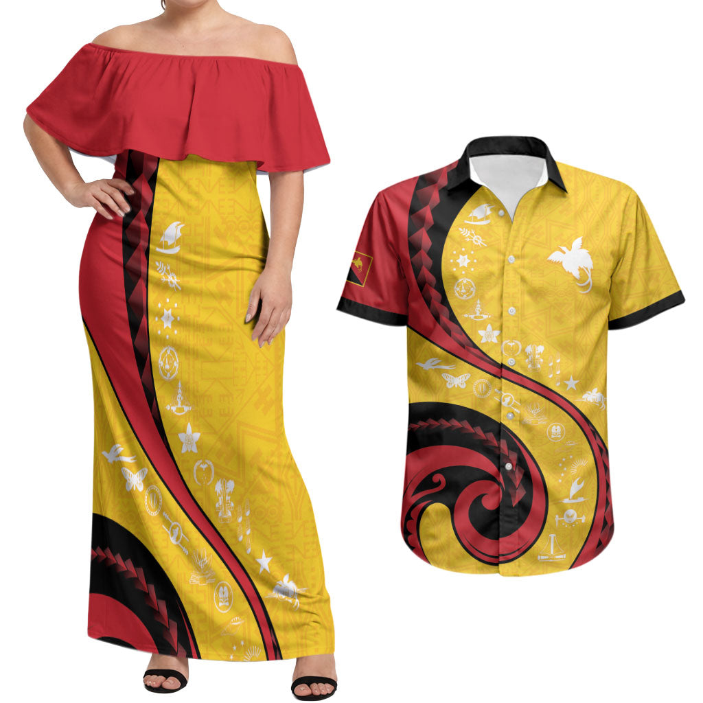 Papua New Guinea Independence Couples Matching Off Shoulder Maxi Dress and Hawaiian Shirt Special Style Yellow Version LT05 Yellow - Polynesian Pride