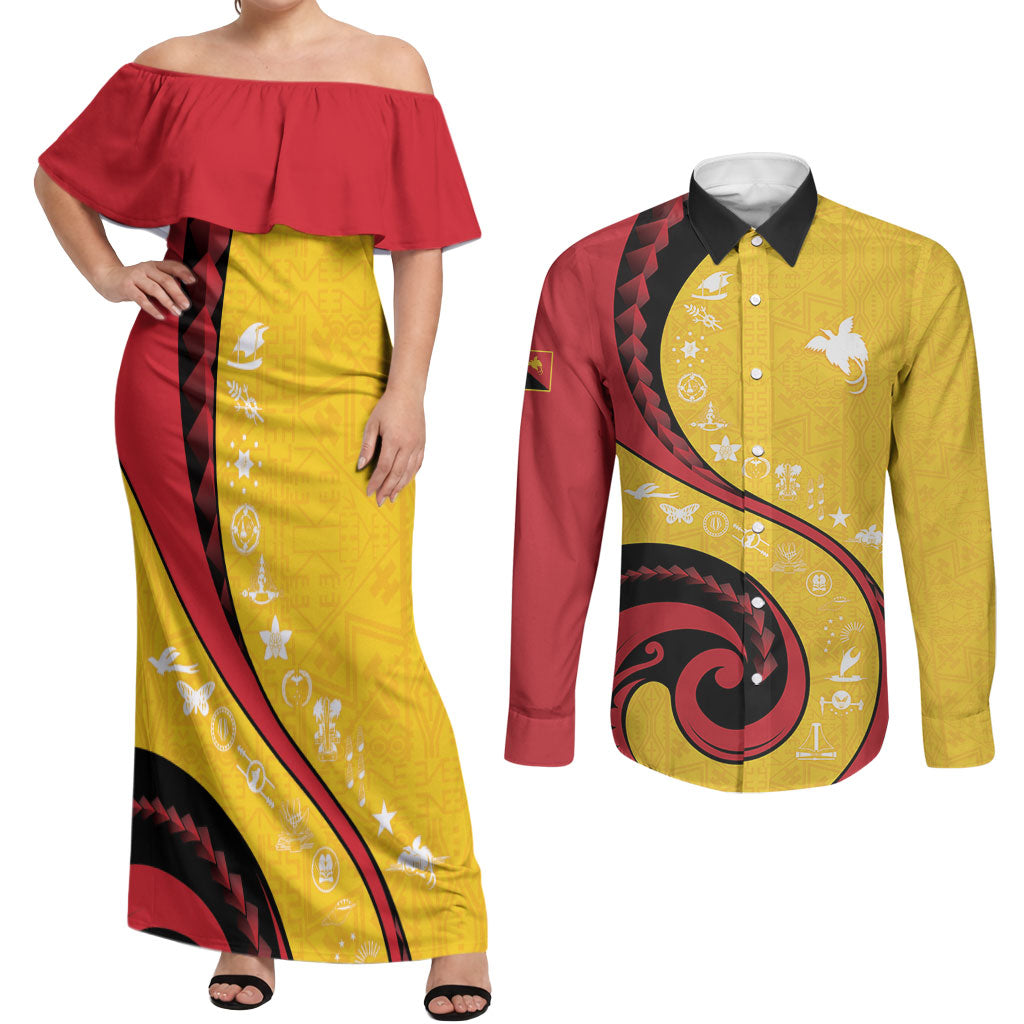 Papua New Guinea Independence Couples Matching Off Shoulder Maxi Dress and Long Sleeve Button Shirt Special Style Yellow Version LT05 Yellow - Polynesian Pride