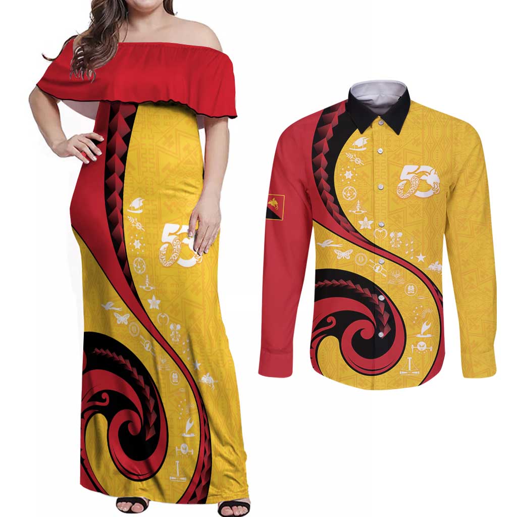 Papua New Guinea 50th Independence Anniversary Couples Matching Off Shoulder Maxi Dress and Long Sleeve Button Shirt Special Style Yellow Version - Polynesian Pride