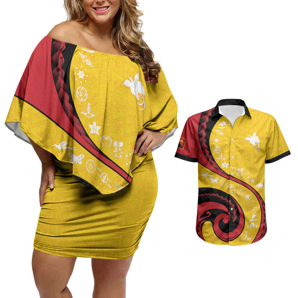 Papua New Guinea Independence Couples Matching Off Shoulder Short Dress and Hawaiian Shirt Special Style Yellow Version LT05 Yellow - Polynesian Pride