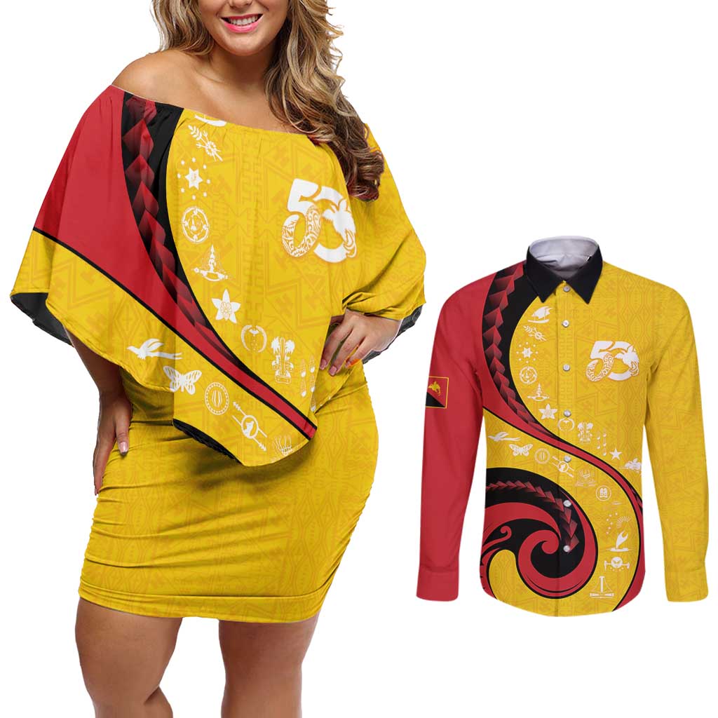 Papua New Guinea 50th Independence Anniversary Couples Matching Off Shoulder Short Dress and Long Sleeve Button Shirt Special Style Yellow Version - Polynesian Pride