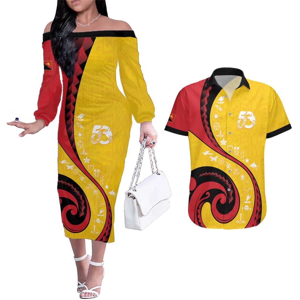 Papua New Guinea 50th Independence Anniversary Couples Matching Off The Shoulder Long Sleeve Dress and Hawaiian Shirt Special Style Yellow Version - Polynesian Pride