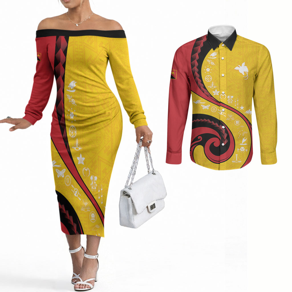 Papua New Guinea Independence Couples Matching Off The Shoulder Long Sleeve Dress and Long Sleeve Button Shirt Special Style Yellow Version LT05 Yellow - Polynesian Pride
