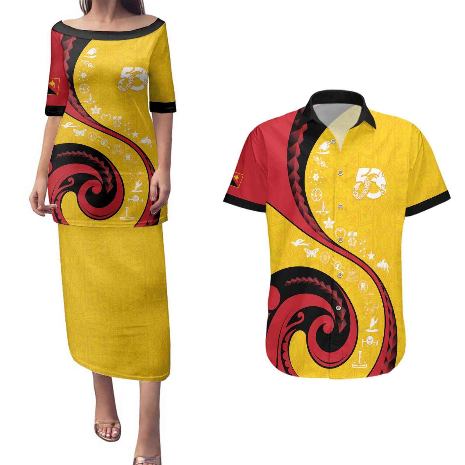 Papua New Guinea 50th Independence Anniversary Couples Matching Puletasi and Hawaiian Shirt Special Style Yellow Version - Polynesian Pride