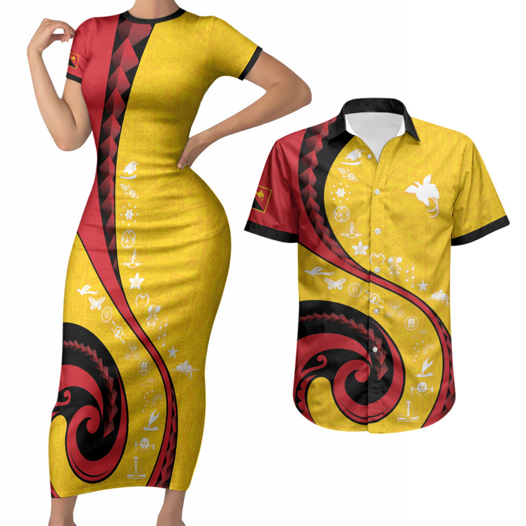Papua New Guinea Independence Couples Matching Short Sleeve Bodycon Dress and Hawaiian Shirt Special Style Yellow Version LT05 Yellow - Polynesian Pride