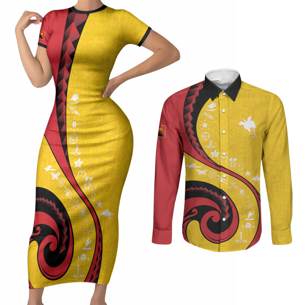 Papua New Guinea Independence Couples Matching Short Sleeve Bodycon Dress and Long Sleeve Button Shirt Special Style Yellow Version LT05 Yellow - Polynesian Pride