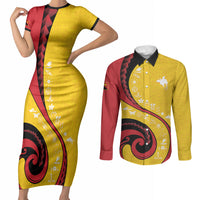 Papua New Guinea Independence Couples Matching Short Sleeve Bodycon Dress and Long Sleeve Button Shirt Special Style Yellow Version LT05 Yellow - Polynesian Pride