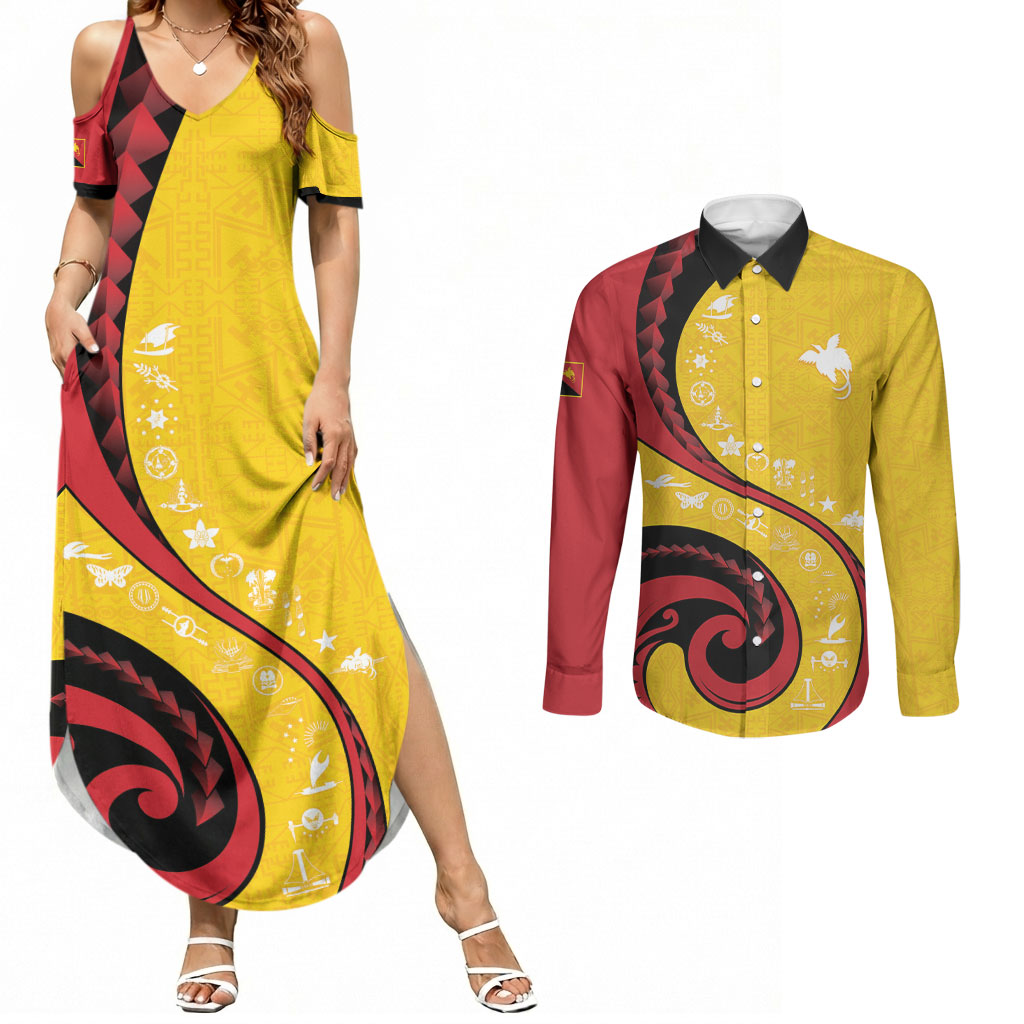 Papua New Guinea Independence Couples Matching Summer Maxi Dress and Long Sleeve Button Shirt Special Style Yellow Version LT05 Yellow - Polynesian Pride