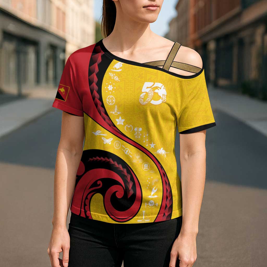 Papua New Guinea 50th Independence Anniversary Cross Shoulder Shirt Special Style Yellow Version - Polynesian Pride