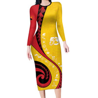 Papua New Guinea 50th Independence Anniversary Family Matching Long Sleeve Bodycon Dress and Hawaiian Shirt Special Style Yellow Version - Polynesian Pride