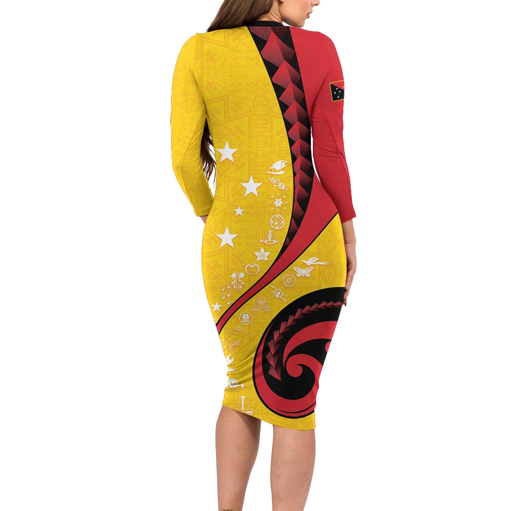 Papua New Guinea 50th Independence Anniversary Family Matching Long Sleeve Bodycon Dress and Hawaiian Shirt Special Style Yellow Version - Polynesian Pride