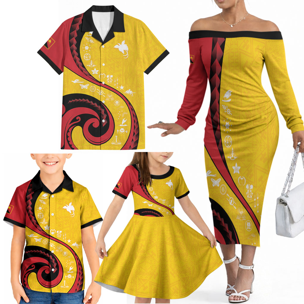 Papua New Guinea Independence Family Matching Off The Shoulder Long Sleeve Dress and Hawaiian Shirt Special Style Yellow Version LT05 - Polynesian Pride