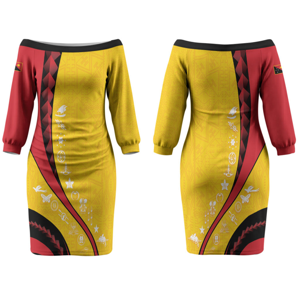 Papua New Guinea Independence Family Matching Off The Shoulder Long Sleeve Dress and Hawaiian Shirt Special Style Yellow Version LT05 Mom's Dress Yellow - Polynesian Pride