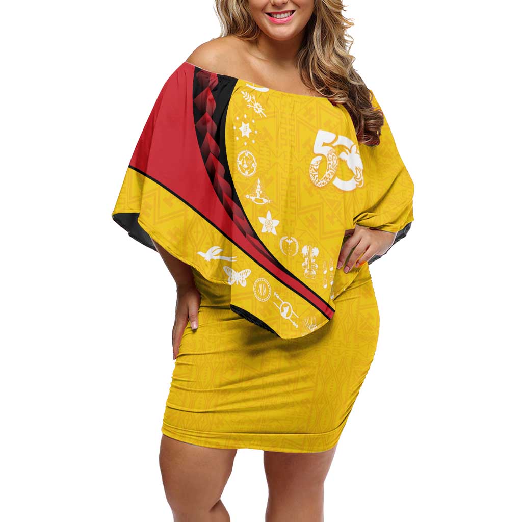 Papua New Guinea 50th Independence Anniversary Family Matching Off Shoulder Short Dress and Hawaiian Shirt Special Style Yellow Version - Polynesian Pride
