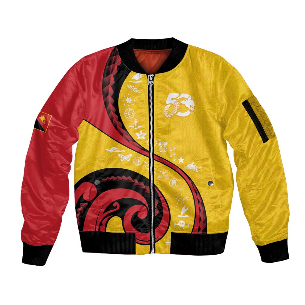 Papua New Guinea 50th Independence Anniversary Sleeve Zip Bomber Jacket Special Style Yellow Version - Polynesian Pride