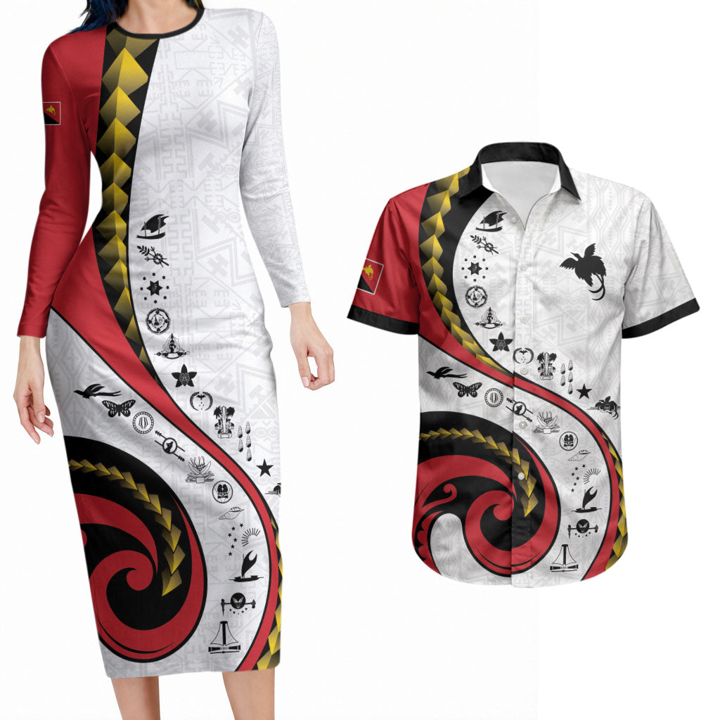 Papua New Guinea Independence Couples Matching Long Sleeve Bodycon Dress and Hawaiian Shirt Special Style White Version LT05 White - Polynesian Pride
