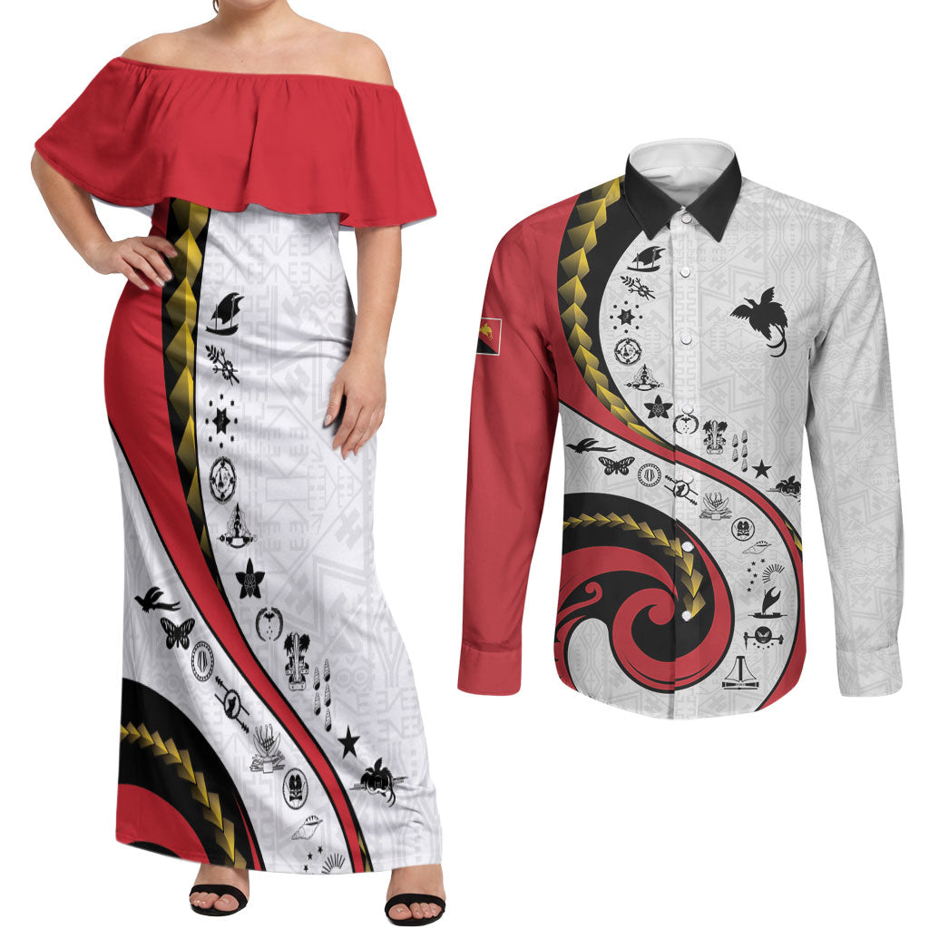 Papua New Guinea Independence Couples Matching Off Shoulder Maxi Dress and Long Sleeve Button Shirt Special Style White Version LT05 White - Polynesian Pride