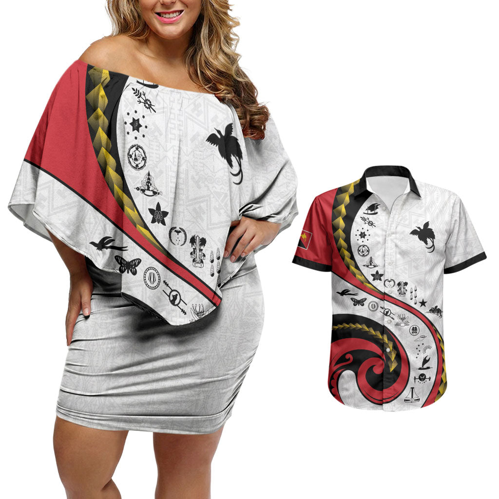 Papua New Guinea Independence Couples Matching Off Shoulder Short Dress and Hawaiian Shirt Special Style White Version LT05 White - Polynesian Pride