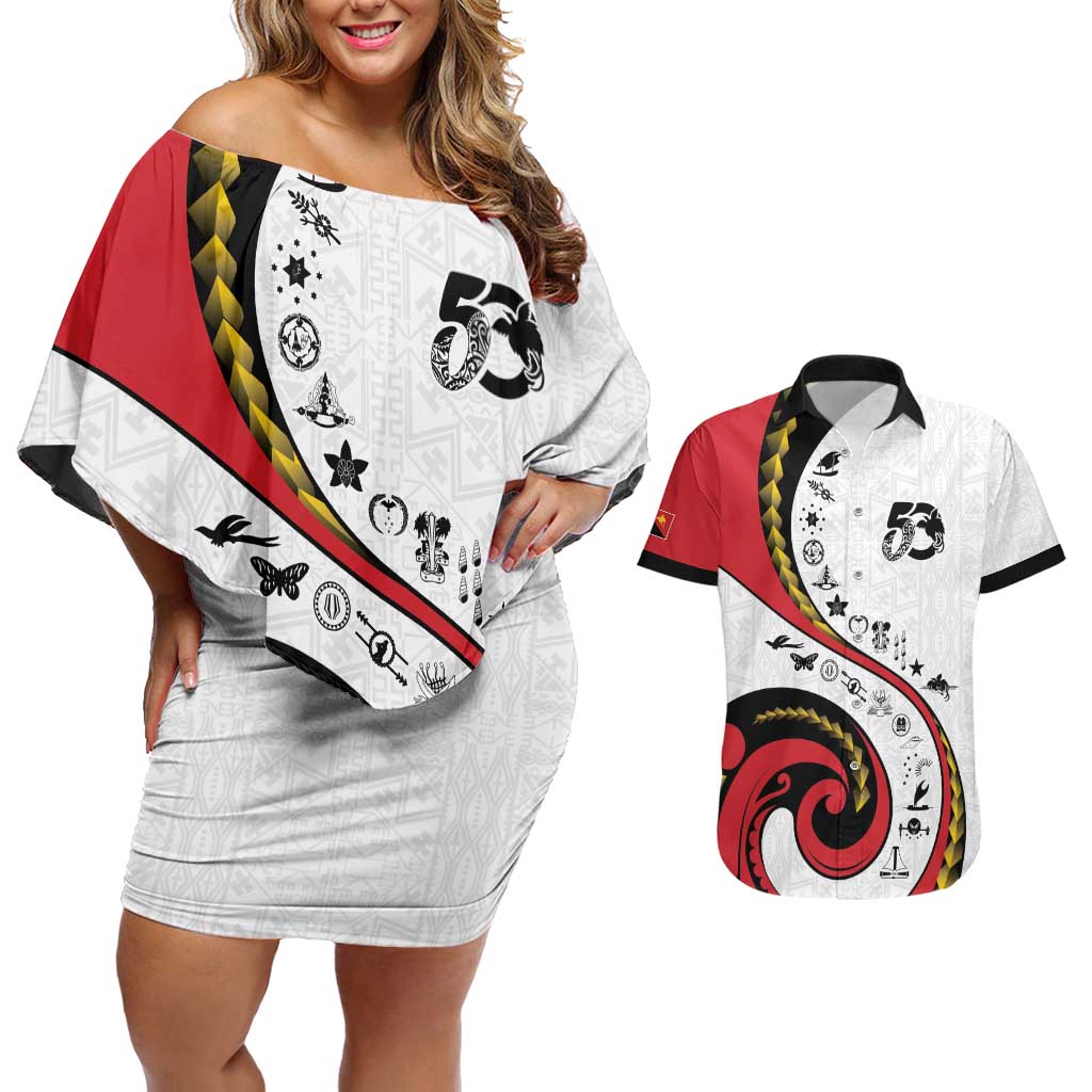 Papua New Guinea 50th Independence Anniversary Couples Matching Off Shoulder Short Dress and Hawaiian Shirt Special Style White Version - Polynesian Pride