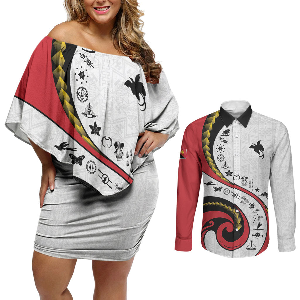 Papua New Guinea Independence Couples Matching Off Shoulder Short Dress and Long Sleeve Button Shirt Special Style White Version LT05 White - Polynesian Pride